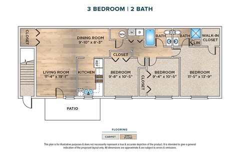 Floor plan for 3 beds, 2 baths, 1190 sqft